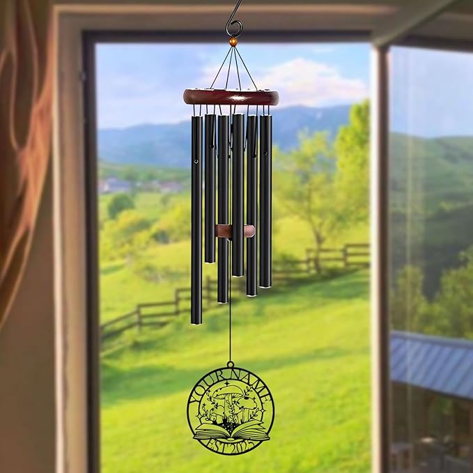 Personalized Customize Name Fantasy Mushroom Wonderland Wind Chime, Metal Iron 37 Inch Outdoor Memorial Gift for Garden Yard Patio Home Decor, Black (Style C)