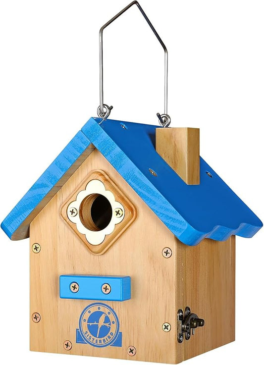 Wren Bird House for Outside, Premium Wooden Wren Bird Houses, Hanging Chickadee Bird House, Weatherproof Garden Decor Birdhouses for Outdoors, Blue Color Roof Bird Nesting Titmouse