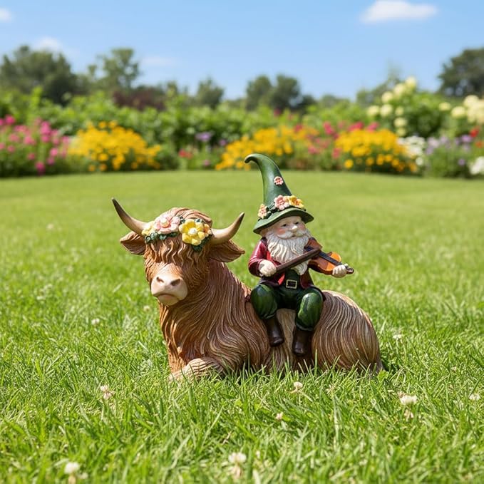 Solar Highland Cow Figurines for Garden with Gnome Playing the Violin 6.7"Resin Garden Gnomes Outdoor Patio Yard Lawn Porch Decor Birthday Housewarming Gifts for Women Mom Grandma Wife Sister Friend