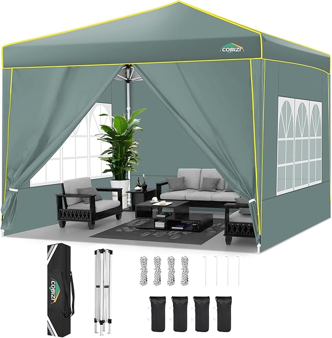 COBIZI 10x10 Pop Up Canopy Party Tents for Parties Waterproof Outdoor Canopy with 4 Sidewalls and 4 Sandbags UV Protection 50+ Commercial Wedding Portable Tent for Backyard, Gray