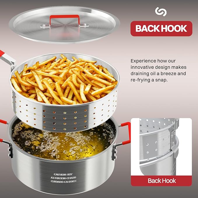 10QT Aluminum Fish Fryer Pot | with Lid & Tong | Deep Fryer with Basket | Indoor & Outdoor Cooking | All-Round Protection | Accessory Gift Pack | Perfect For Boiling ＆ Frying