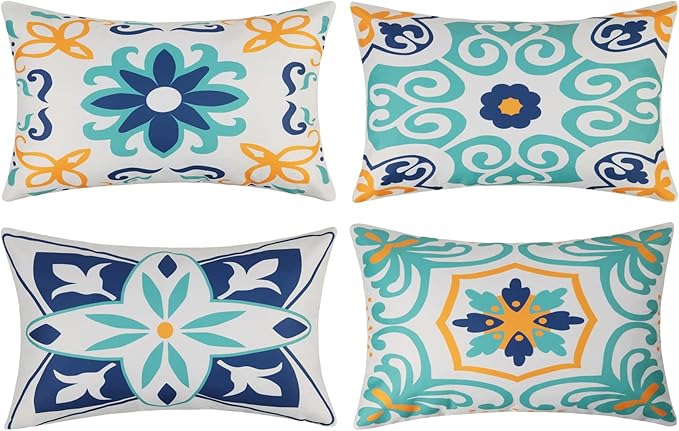 Outdoor Waterproof Throw Pillow Covers Set of 4 Floral Printed and Boho Farmhouse Outdoor Pillow Covers for Patio Funiture Garden 12x20 Inch Blue