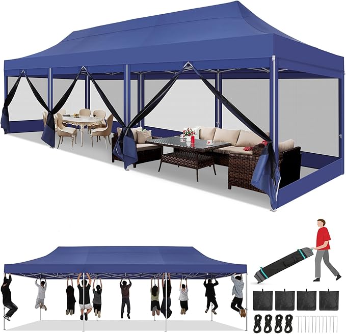 COBIZI 10x30 Heavy Duty Pop Up Canopy with 8 Mosquito Netting Wall, Easy Set Up Commercial Gazebo Party Tent, Outdoor Instant Screen Canopy for Backyard, Patio, Garden, Dark Blue