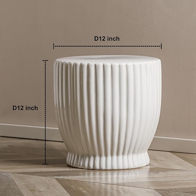 Ceramic Decorative Garden Stool: White Stool Striped Drum Shape for Indoor Outdoor Decor - Ceramic Tabouret for Living Room Patio Front Porch