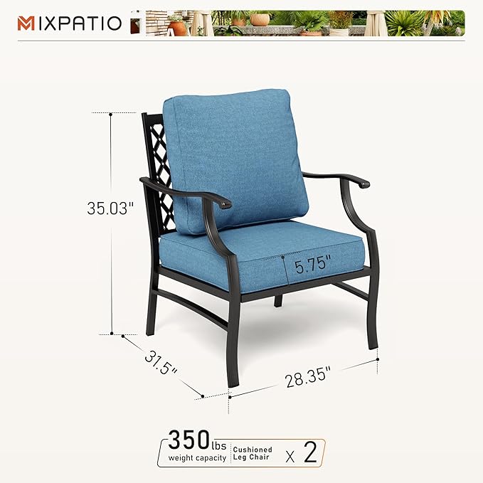 Patio Chairs Set of 2, High Back Outdoor Patio Metal Leg Chairs with 5.75" Thick Cushions for Bistro Balcony Porch Deck and Yard, Navy Blue