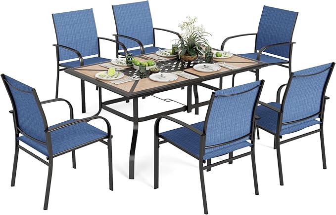 Outdoor Patio Dining Set 7 Piece Furniture Set with 6 Blue Textilene Chairs and Wood-Like Table Top Rectangular Table for Deck Garden Backyard Lawn Poolside