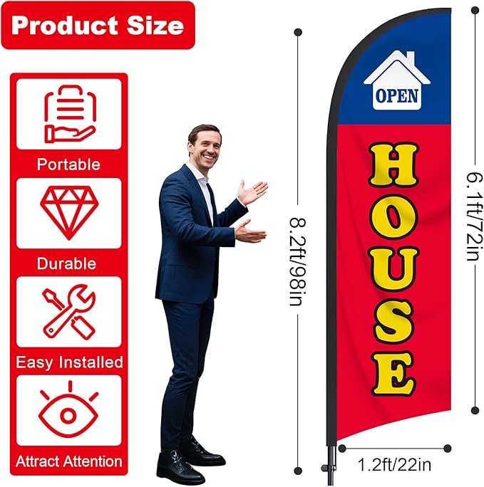3 Pack Open House Flag for Real Estate 8 Ft Open Feather Flags Banner with Pole Kit and Ground Stake for Outside Outdoor