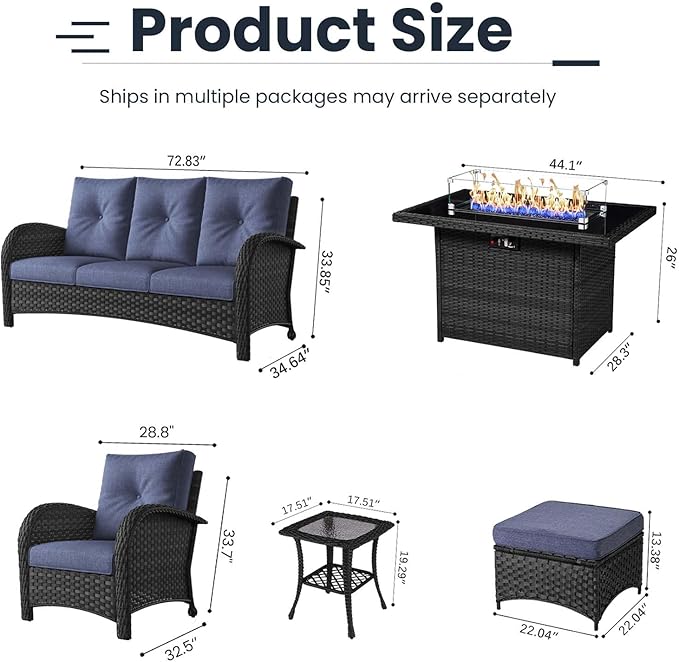 7 Pieces Patio Furniture Sets with Fire Pit Table, Wicker Rattan High Back Outdoor Armchairs Set with 3-Seat Couch, Ottomans and Side Table