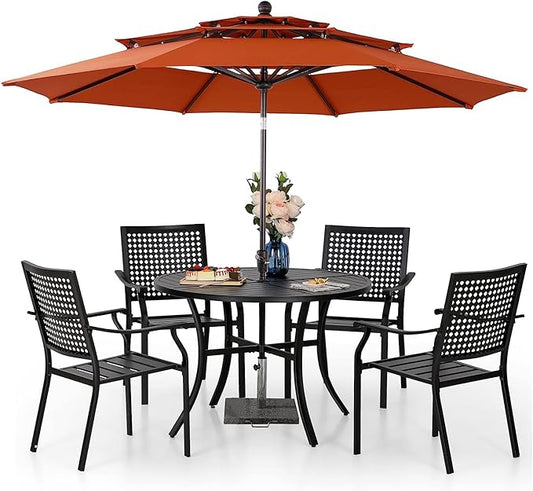 PHI VILLA 5 Pieces Patio Dining Set with 10ft Patio Umbrella, Metal Patio Circle Table Outdoor Stackable Wrought Iron Chair Set of 4 & 42" Large Round Dining Table,3 Tier Vented Orange Red Umbrella