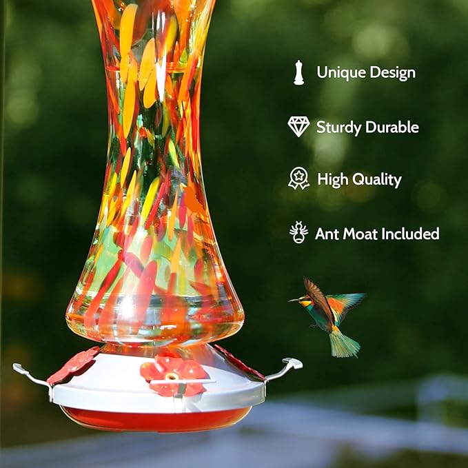Glass Hummingbird Feeder for Outdoors: Orange Window Hanging Hummingbirds Presents for Women - Ant Moat Included, Metal Base with 4 Feeding Ports & Perch, Leak Proof, 38 fl.oz, Best Garden Decor