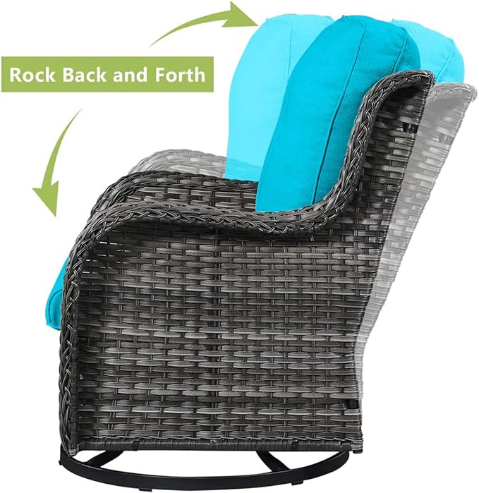 HUMMUH 3-Piece Swivel Rocking Rattan Chair Outdoor, Patio Bistro Furniture Conversation Set, Cushioned Wicker Chair with Glass Coffee Table(Grey,Blue)