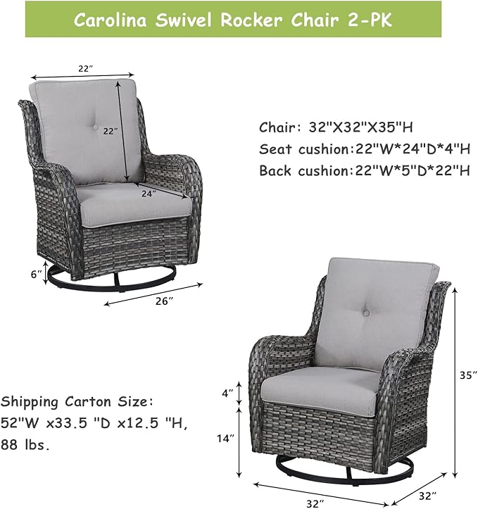 Outdoor Patio Swivel Rocker Chairs - Single Wicker Rattan Patio Swivel Rocking Chair with High Back,Deep Seating and Comfort Cushions for Deck Porch Garden,Brown/Grey