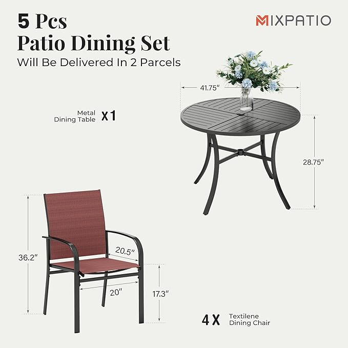 Patio Table and Chairs Set for 4, 5 Pieces Outdoor Dining Set, 4 Red Textilene Chairs and 42" Metal Round Table with Umbrella Hole, for Deck Garden Backyard Lawn Poolside