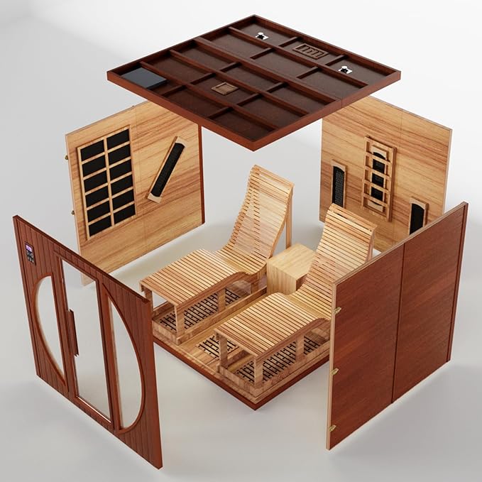 Infrared Wooden Sauna Room with Recliner, 2 Person Infrared Home Sauna, 220V，3400W, 5 Heating Tubes, 4 Carbon Crystal Heating Panel, Bluetooth Speakers, 7 Color Light, Oxygen Bar