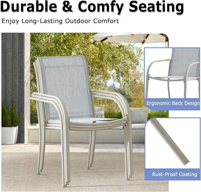 Patio Chairs Set of 2, Outdoor Dining Chairs with Breathable Textilene Fabric, Stackable Patio Chairs for Lawn, Garden, Backyard, Poolside, Beige