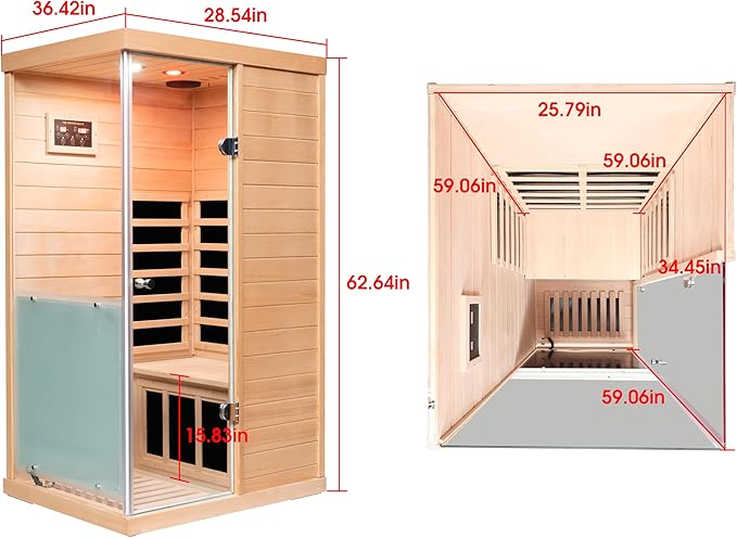 Small Sauna Far Infrared Saunas for Home 1 Person, 1060W, 6 Heating Panels, Hemlock Wooden Indoor Sauna Room with Tempered Glass, Left Door Opening, Blue-Tooth, LCD-Display Control