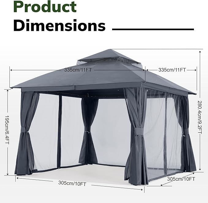 MASTERCANOPY 11'x11' Outdoor Patio Arch Gazebo with Double Roofs, Mosquito Nettings and Privacy Screens for Backyard, Garden, Lawn, Dark Grey