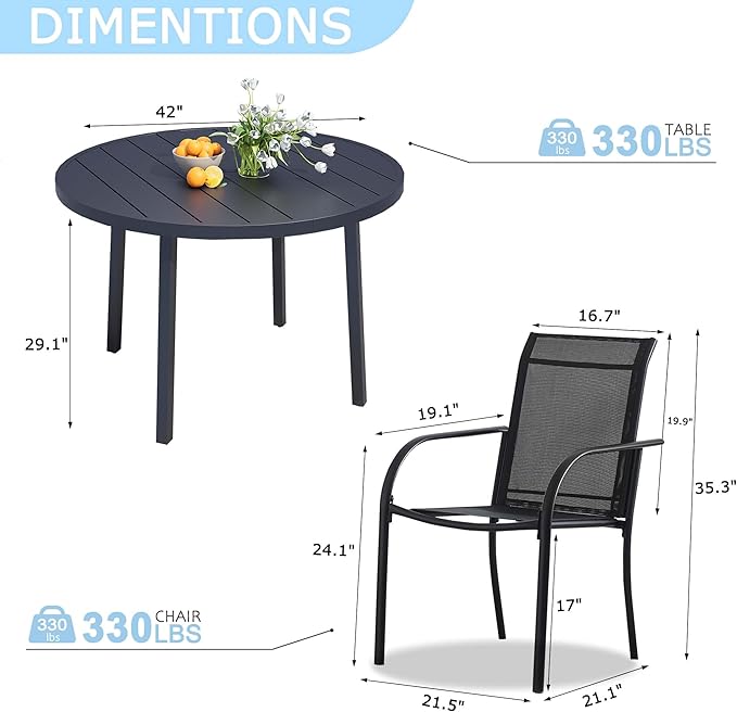 5 Pieces Round Dining Table Set for 4, Patio Dining Set Includes 4 Black Stackable Patio Chairs and 1 Black Round Table, Patio Furniture Sets with Sling Support for Outside, Garden