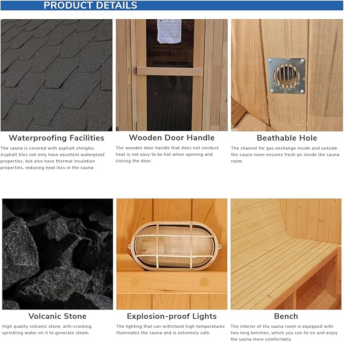 ZONEMEL Outdoor Barrel Steam Sauna, Canadian Hemlock Sauna Room for 4-6 Person, 6KW ETL TOULE Heater, Volcanic Stones, Asphalt Shingles, 8mm Tempered Glass, Water Bucket, Ladle, Lights, 220V, 194 ℉