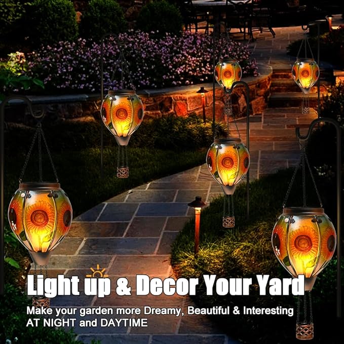 Hot Air Balloon Solar Lantern - Sunflower Glass Lantern, Simulated Flickering & Dancing Flame, Outdoor Hanging Yard Light Waterproof IP65 for Patio Lawn Porch Decor Gift