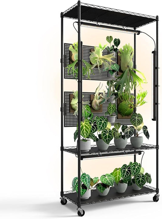 Bstrip Plant Shelf with Grow Light & Pegboard, Metal Plant Stand with Adjustable Rack and Wheels, 4 x 24W Full Spectrum Grow Light Strip for Indoor Plants, Foliage Plants, Seedling, 29.5"x13.8"x59"