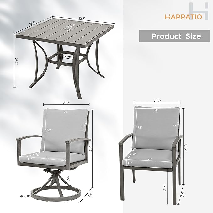 HAPPATIO 5-Piece Patio Outdoor Dining Sets - All Aluminum Outdoor Patio Table and Chairs Set for 4 Includes 1 Square Dining Table, 2 Dining Chairs, and 2 Swivel Dining Chairs, for Lawn or Garden