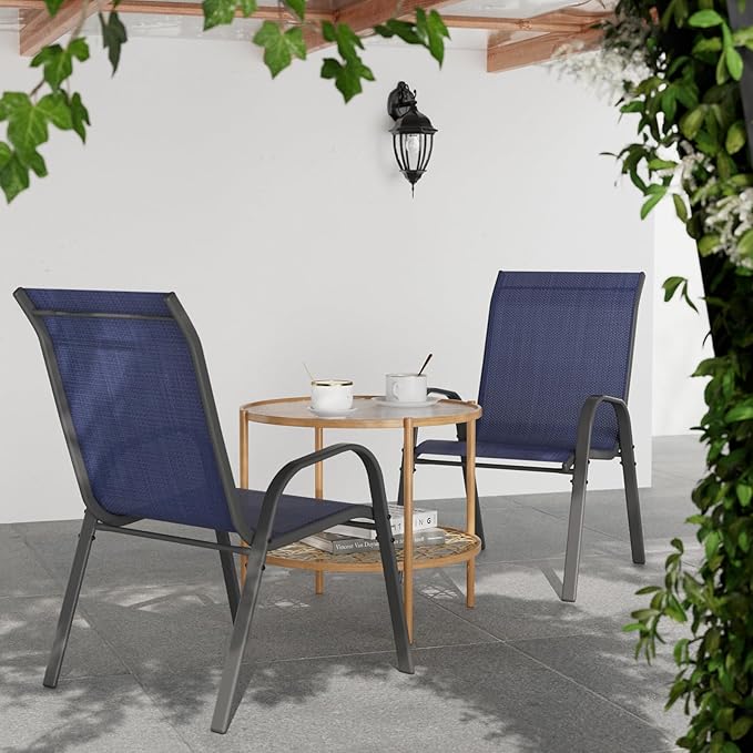 Patio Dining Chairs Set of 2, Stackable Dining Chairs High Back, Breathable Seat Fabric and Alloy Steel Frame Fit Backyard, Porch, Lawn，Poolside (Blue)