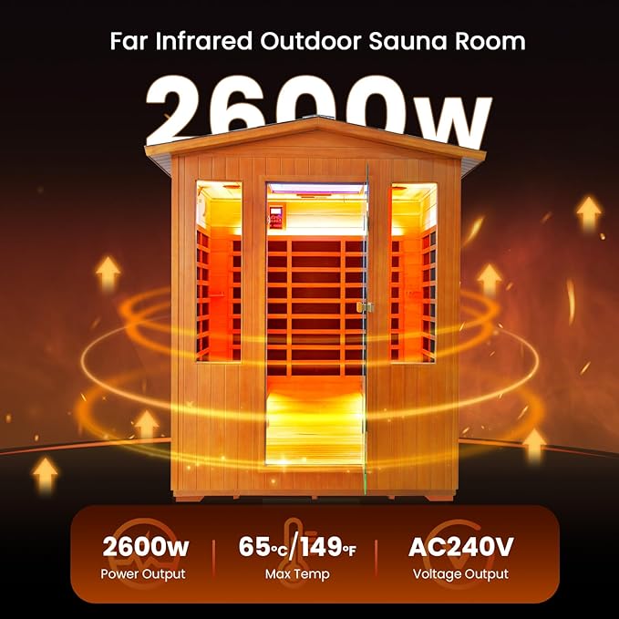 Outdoor 4 Person Sauna Far Infrared Saunas Dry Sauna Room Red Cedar and Canadian Hemlock Wood Wooden Sauna Spa 2600W 240V with 7 Color Light 62.2 * 46.8 * 81.9 inches