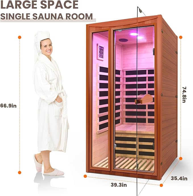 Far Infrared Intdoor Sauna Okoume Wooden Saunas Spa 1550W Dry Sauna Room for 1-2 Person with Bluetooth 7 Color Light 39.37 * 35.43 * 74.8 inch