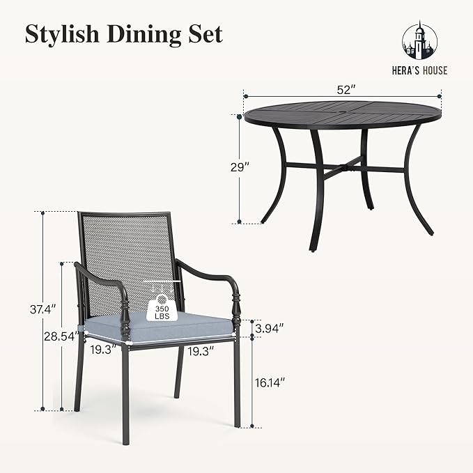HERA'S HOUSE Patio Table and Chairs Set, 7 Piece Outdoor Dining Set, 6 x Dining Chairs with 54" Round Metal Table for Backyard Garden Lawn Restaurant
