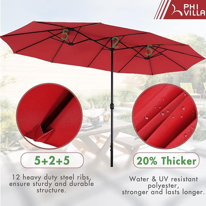PHI VILLA 7 Pieces Outdoor Dining Set with Umbrella for 6, Rectangular Wood-Top Metal Table & Wicker Chairs with Cushions & 13ft Red Umbrella, Modern Dining Furniture Set for Patio,Deck,Backyard