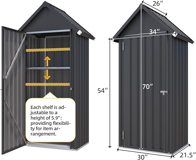 AECOJOY Outdoor Storage Cabinet Waterproof, Vertical Tall Outdoor Storage Cabinet with Shelves, All Weather Metal Vertical Storage Shed & Outdoor Cabient for Garden in Dark Grey
