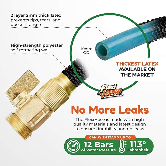 Flexi Hose Lightweight Expandable Garden Hose, No-Kink Flexibility, 3/4 Inch Solid Brass Fittings and Double Latex Core (150 FT, Black)