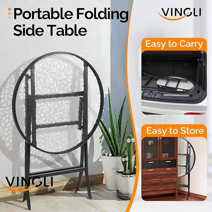 VINGLI Folding Glass Outdoor Side Table, 23.6 Inches Small Foldable Patio Bistro Table with Tempered Glass Table Top for Lawn & Garden, Balcony, Porch and Pool, Round