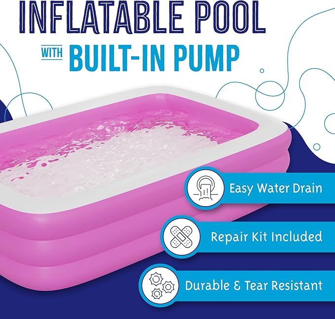Pattern Inflatable Swimming Pool (120" x 72.8" x 23.6") Built-in Air Pump Inflatable Kiddie Pool, Family Pools for Kids and Adults - Self Inflating Backyard Blow Up Pool for Toddlers & Babies (Large)