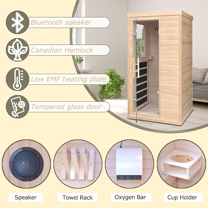 1 Person Infrared Sauna, Hemlock Wooden Indoor Far Infrared Side-Opening Sauna Room,Home Dry Sauna with 6 Infrared Heating Panels Tempered Glass Door,Bluetooth Speakers 7 Chromotherapy Lights（1350W）