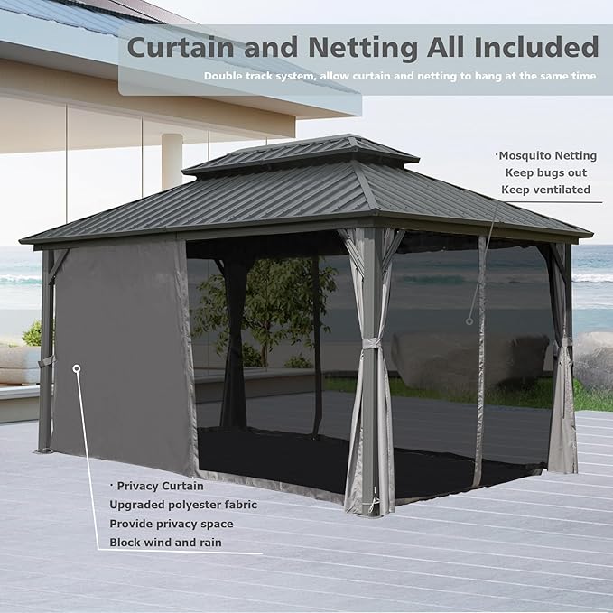 Domi Hardtop Gazebo 10x12FT, Aluminum Outdoor Gazebo with Galvanized Steel Double Roof Canopy, Curtains and Netting Included, Metal Gazebo Permanent Pavilion for Patio, Lawn, Garden, Gray