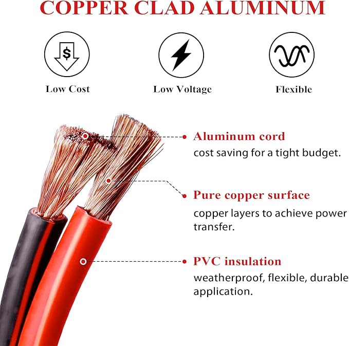 2 Gauge Battery Power Cable (2 Feet Black, 2 Feet Red) - 2 AWG Copper Clad Welding Wire with M8 & M10 SC Connector Lugs for Car, Camper, RV, Solar Low Voltage Wiring