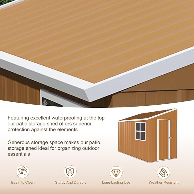 8x4 FT Outdoor Storage Shed, Metal Shed with Floor, Lockable Door, Sloping Roof, All-Weather Lean to Resin Shed for Garden, Backyard, Patio, Lawn (Khaki)