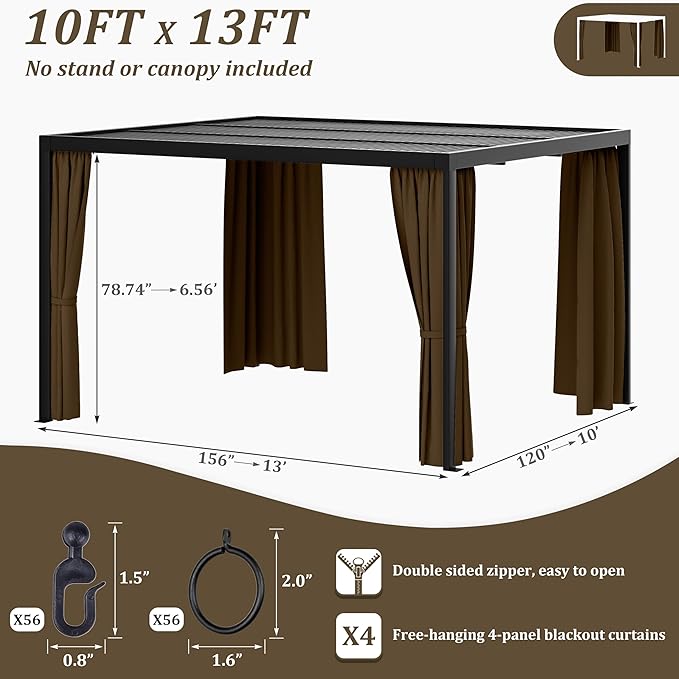 Gazebo Universal Replacement Privacy Curtain,10'×13' Gazebo Outdoor Waterproof Curtains, 4-Panels Sidewall Curtains with Double Zipper for Patio Canopy, Garden and Backyard (Curtain Only)