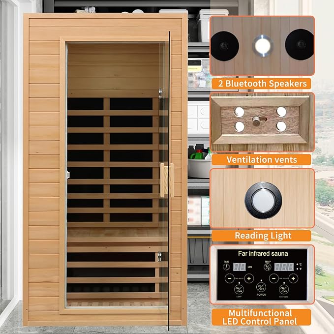 Infrared Saunas for Home 1 Person Indoor Sauna Dry Sauna for Home,1290W Low Emf Infrared Sauna Red Light Saunas for Home with Bluetooth Reading Light,Room:73.03 * 33.85 * 33.77Inch
