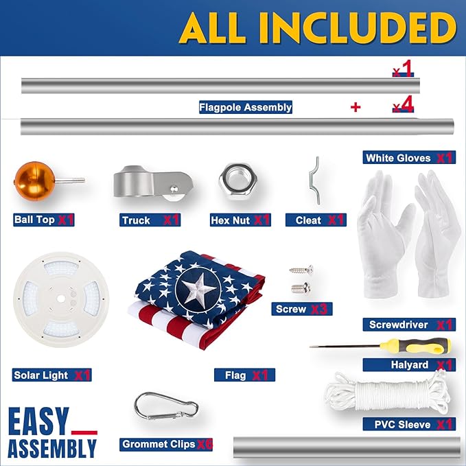25FT Sliver Heavy Duty Flag Pole Kit with 3x5 Ft American Flag & Solar Light - 12 Gauge Aluminum Tubing, Resistance High Winds, Hardware Flagpole Set for Residential Commercial Outdoor Ready