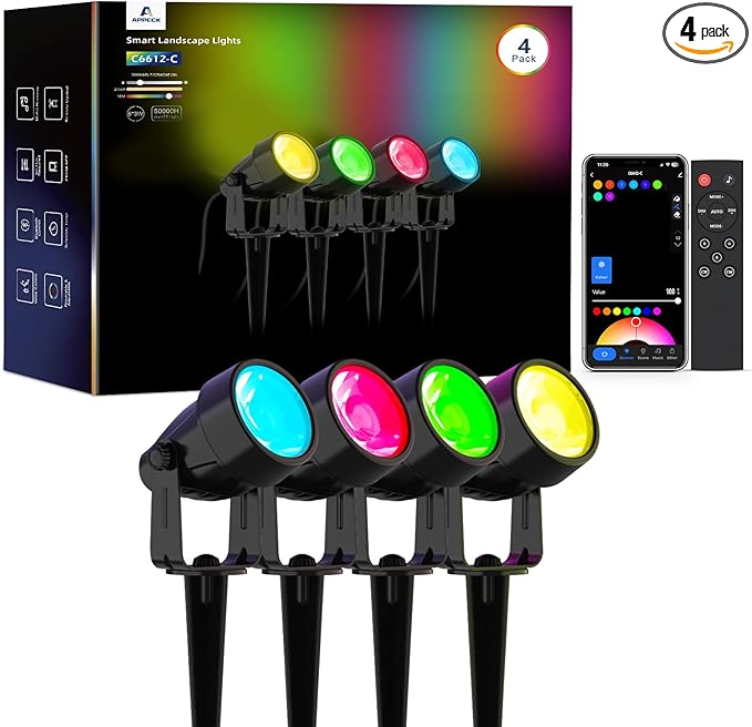 APPECK Spot Lights Outdoor, RGBW Low Voltage Landscape Lighting, Color Changing Uplighting Spotlights with App, IP65 Waterproof LED Outdoor Lights for Garden Yard Outside Decoration, 4 Pack
