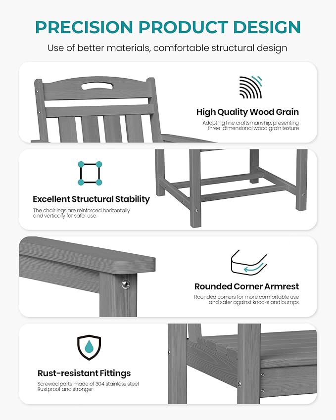 Set of 2 Weatherproof Patio Chairs - HDPE Outdoor Dining Chairs with Wide Seat, Ergonomic Design - for Garden, Backyard, Deck - Grey
