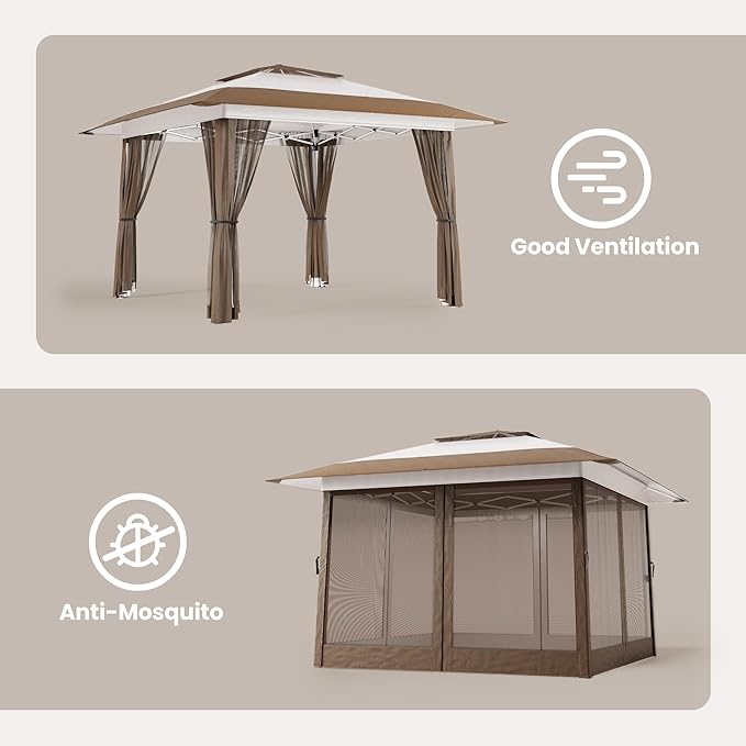 Bealife 13x13 Pop Up Gazebo Tent with Mosquito Netting, Outoor Canopy Tent with 4 Sandbags, 8 Stakes, 4 Ropes, Roller Bag, Pop Up Canopy for Lawn Backyard Garden Deck (Beige, 13x13)