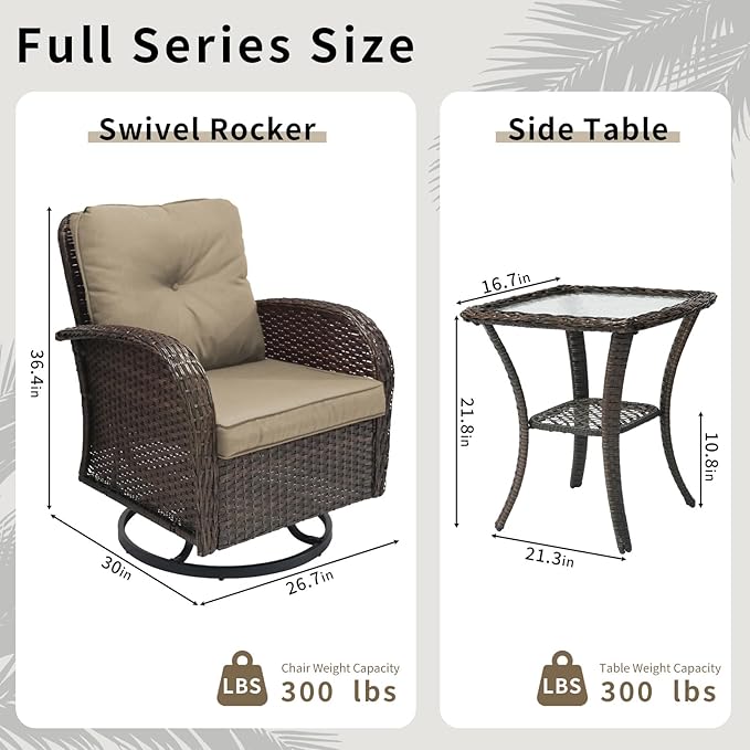 3 Pieces Patio Furniture Set, Outdoor Swivel Rocking Chair Set of 2 with Side Table - 360° Swivel, Thick Cushions, All-Weather Bistro Set for Deck, Porch, Pool(Brown, Brown Full-Weave Rattan)
