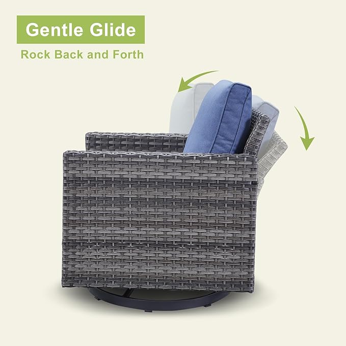 Rilyson Wicker Outdoor Patio Furniture Set - 5 Piece Patio Conversation Set with 2 Swivel Rocker Chairs,2 Rattan Ottoman and 1 Metal Side Table for Outside Porch Deck Backyard Garden(Mixed Grey/Blue)