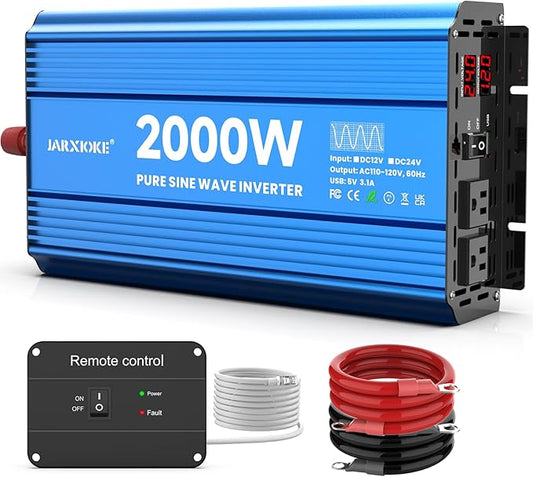 2000 Watt Pure Sine Wave Power Inverter, 24V dc to 110 Vdc to 120 Vdc, for Home, RV and Off-Grid Solar Systems, with 2 AC Outlets and USB Port, LCD Display, with Remote Control