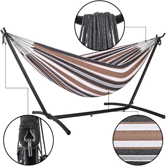 Hammock with Stand for Outside, Heavy Duty Space Saving Steel Stand with 450 lb Capacity, Double Hammock with Portable Carrying Bag, Hamacas Para Adultos for Outdoors, Patio, Garden, Yard
