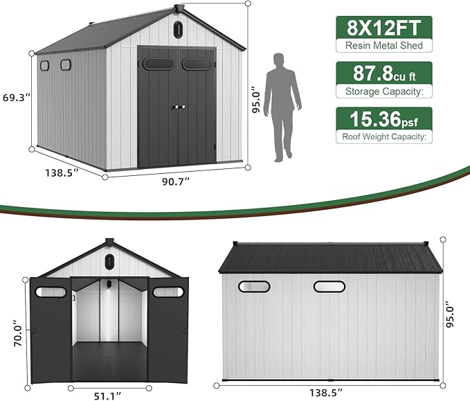 Chery Industrial 8 x 12FT Outdoor Storage, Affordable Metal Tool Shed with Lockable Sliding Shed Door and Vents,Waterproof Galvanized Steel Sheds & Outdoor Storage for Backyard, Garden(Grey)